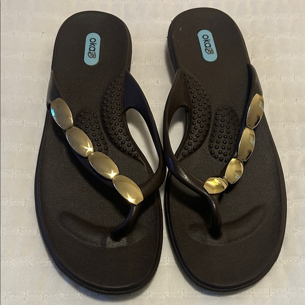 OKA b. Brown Sandals with Gold Embellishments